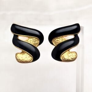 Vintage Clip On Earrings Black Enamel Gold Tone Swirl Statement Signed R